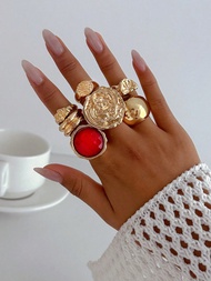 9-5pcs Vintage Elegant Retro Coin Metal Multi-Element Colorful Gemstone Cat Eye Stone Crystal Inlaid