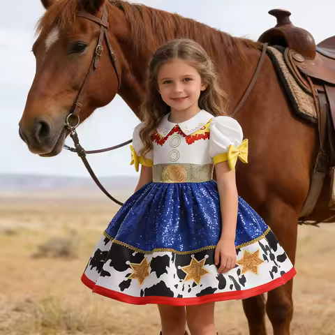 Baby Girl Sequin Party Dresses For Girls Princess Dress Children Western Cowboy Jessie Costume 1st B