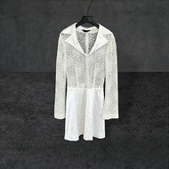 二手 白色 光澤 輕薄 拼接 蕾絲 織紋 透視 長袖 洋裝 PF518