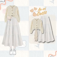 Aeri Coquette Set (Cardigan + Long Skirt + Bella Square) One Set Outfit for Hijab Girls Co Ord Set W