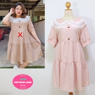 Pink Dobby Chiffon Dress For Fat People With Mesh Collar And 2 Fake Buttons With A Bow Tie At The Wa