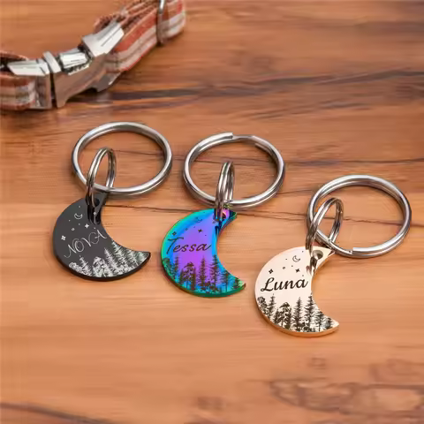 Personalized Moon Pet ID Tags Woods and Stars Dog Cat Tag Custom Name Number Dog ID Collar for Puppy