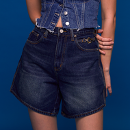 RYA Chole Navy Short Jeans กางเกงยีนส์ ขาสั้น ขาบาน แต่งอะไหล่ดอกไม้สีทองอ่อน