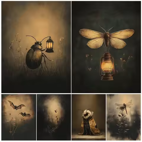 Vintage Dark Moth,Beetle Poster Vintage Insect Dark Antique Melancholy Moth,Beetle with Lantern Aest