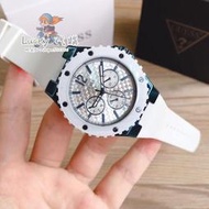 ✨GUESS蓋爾斯手錶 三眼石英腕錶 W1049L6 百搭女腕錶 白色橡膠休閒女錶 36mm 間藍手錶女