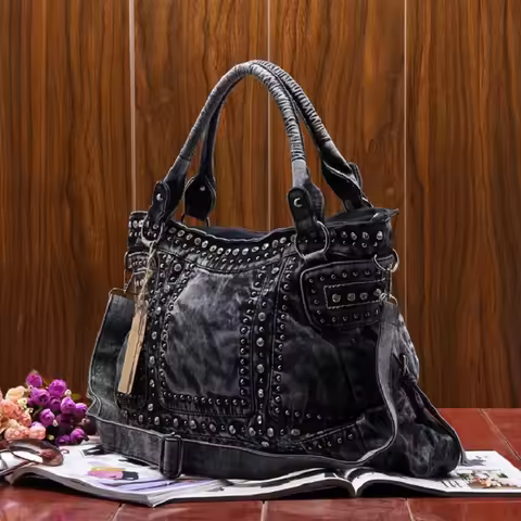 New Vintage Denim Jeans Women Bag HandBags Zipper Shine Rivets Rhinestone Purse Woman Totes Female S
