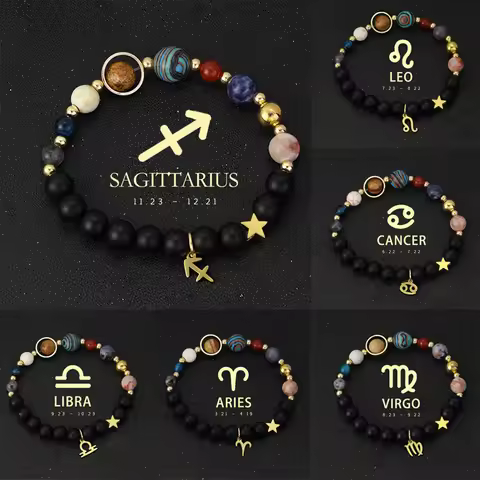 Planet Bracelet Eight Planet Stones 12 Zodiac Signs Bracelet Natural Stone Beads Christmas Birthday 
