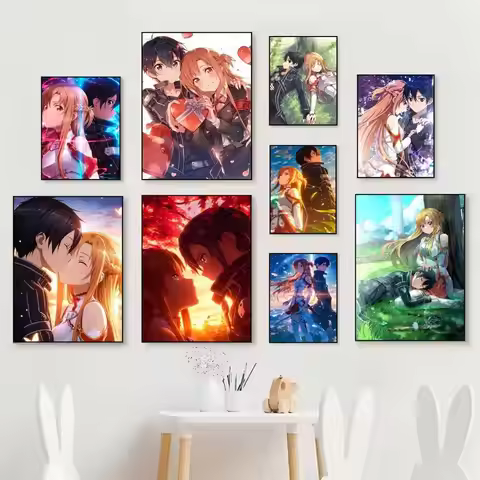 Anime S-Sword Art O-Online CP Kirito And Asuna Posters Fancy Wall Sticker for Living Room Bar Decora