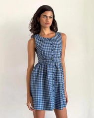 Motel Rocks ชุดเดรสสั้นแขนกุดลายสก็อตสีน้ำเงินย้อนยุค กระโปรงทรงเอ สไตล์ลำลอง ฤดูร้อน 2024 ชุดเดรสผู