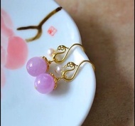 10mm天然原礦紫鋰輝  珍珠古法銀鎏金鳳勾耳環s