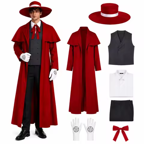 Anime Alucard Cosplay Costume Men's Anime Vampire Cosplay Costume Red Long Coat Outfit with Hat Vest