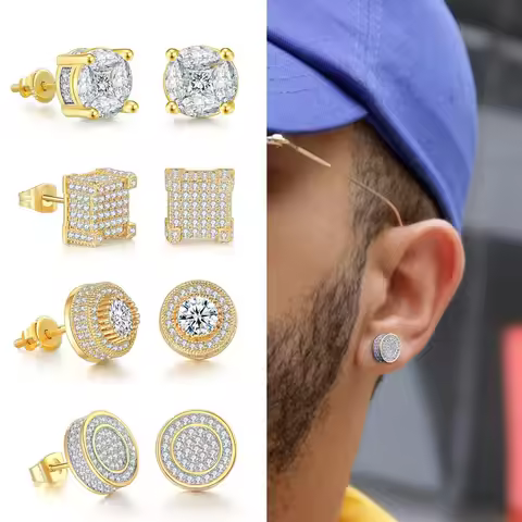 Iced Out Zirconia Stud Earrings For Men Hiphop Gold Color Plated Male Earing Fashion Punk Jewelry Gi
