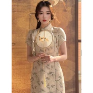New Chinese Style Guofeng Plate Button Short Printed Improved Cheongsam Retro Girls Can Wear Cheongsam Dress Daily