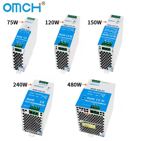 OMCH NDR Series 75/120/150/240/480W AC to DC Din-rail Switching Power Supply 100-240 or 200-240VAC I
