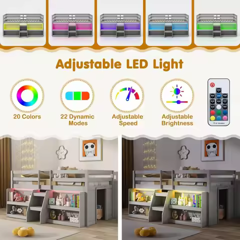 Low Loft Bed with LED Lights, Wooden Twin Loft Bed with Stairs & Safety Guardrail, Loft Bed Twin Siz