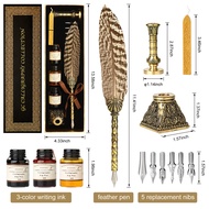 Feather Writing Pen Set-3 Colors Ink, Feather Pen, 6 Nibs, Wax, Seal, Pen Holder