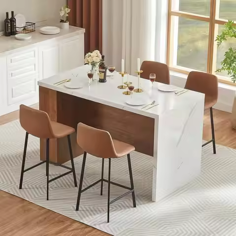ONBRILL 61 x 31 Inch Kitchen Island Table for 4, Modern White Marble-Look One-Piece Tabletop, 1.8-In