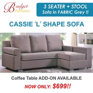 NEW ARRIVAL PROMO !! 3 SEATER+STOOL  L SHAPE CASSIE SOFA SET IN FABRIC GREY