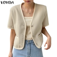 VONDA Women Korean Side Pockets V-Neck Short Sleeves Front Buttons Blazer