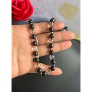 8 to 8.5 mm black and white jade necklace with 3 mm faceted cut silver beads, 53 cm long, sturdy 925