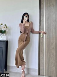 Đầm Body Dáng Dài Tay Phối Áo Cadigan mỏng Buộc Nơ A2126