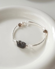 黑骨幹太陽石貔貅手鍊/黑骨幹 白水晶 茶晶 珍珠/水晶手鍊 客製化