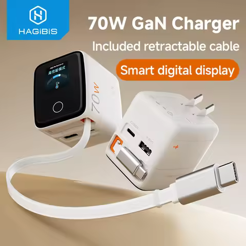 Hagibis Retractable USB C Charger Desktop Charging Station 70W GaN Wall Charger LED Display Fast Cha