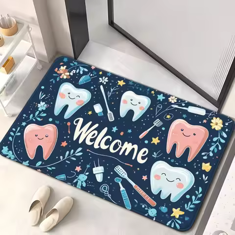 Dental Theme Pattern Door Mat Tooth Designs Smoke Technological Robotic Elements Dental Clinic Door 