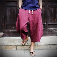 GISU MALL-Summer cropped pants men's thin linen casual pants Thai style loose large size straight pants cotton and linen shorts