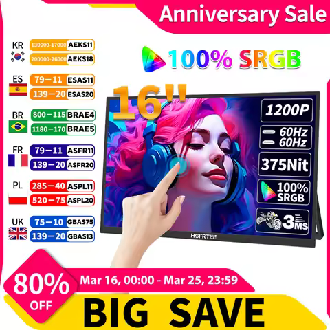 HGFRTEE 16inch Touch Portable Monitor 16:10 96%sRGB 350Cd/m² Second Screen For Laptop With Holder St