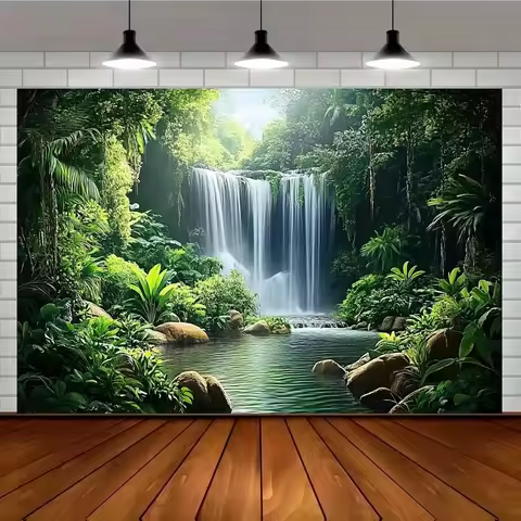 1 misty jungle waterfall background - Polyester party, featuring lush greenery and a waterfall scene