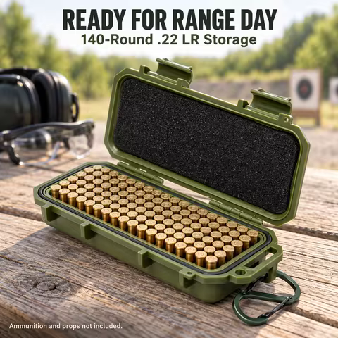 1 X Portable .22 LR Ammo Box (140-Round Capacity) – Crush-Resistant, Sealed Storage Case with Carabi