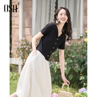 เสื้อยืดแขนสั้นคอวีผ้าไหมน้ำแข็งสีดำ OSA สำหรับผู้หญิง ฤดูร้อน 2025 เสื้อไหมน้ำแข็งถักทรงปกติ สไตล์ล