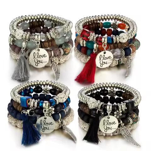 Bohemia Ethnic Style DIY Crystal Beaded Bracelet Accessories Coin Lettering Love You Multi-Layer Tas