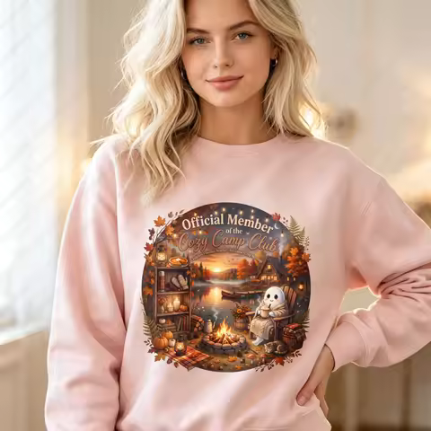 Cute Fall Cozy Camp Club Sweatshirt Cozy Ghost Camping Shirt Autumn Campfire Crewneck Pullovers Fall