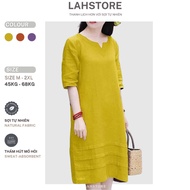 LAHSTORE loose linen dress with short sleeves and V-neck to hide the belly DS16 (Yellow, Earth Orang