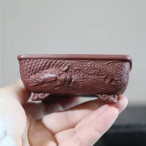 Purple Clay Flower Pot Miniature Bonsai Pot Palm Mounted Bonsai Dragon Carved Pot Small Classical Re