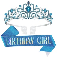 2pcs/set Bling Rhinestone Crystal Crown Tiara Birthday Girl Sash Crown for Women Girl Birthday Party
