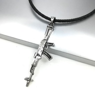 Silver AK47 Assault Rifle Gun Stainless Steel Pendant Braided Black Leather Necklace