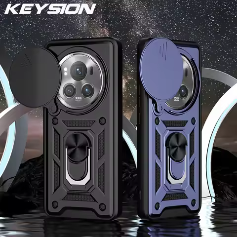 KEYSION Shockproof Armor Case for HONOR Magic 6 Pro 5G Slide Camera Lens Protection Ring Stand Phone