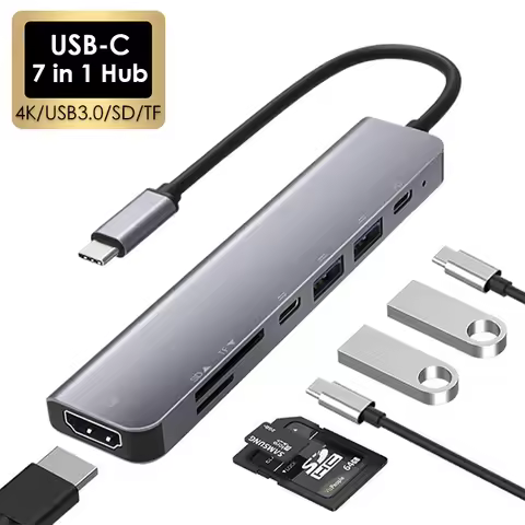 7 in 1 Type C USB 3.1 HDTV 4K 30Hz Video USB 3.0 USB2.0 SD TF Card Slot Reader Data USB-C PD Chargin