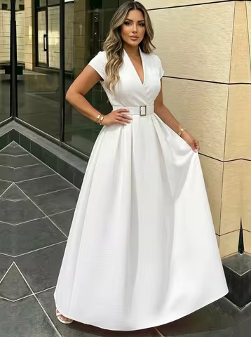 Classy Style Women Summer Lapel Short Sleeve Wrap Belted Pleated Swing Maxi Gown Dress