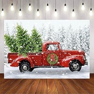 Avezano Christmas Red Truck Backdrop Snowy Pine Tree Xmas Home Decorations Merry Christmas Party Background Winter Holiday Family Kids Portrait Photobooth Supplies (8x6ft)