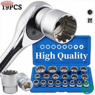 XUESHAN 19 Pcs 12 Point Socket Set, Metric 8-32mm Spline Socket Set, High Quality Cr-V 1/2" Drive 6-