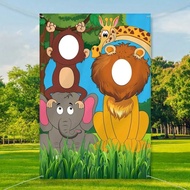 1ชิ้น 2D Jungle Wild Animal Zoo Party Backdrop - Photo Booth Background With Elephant, Lion, Monkey,