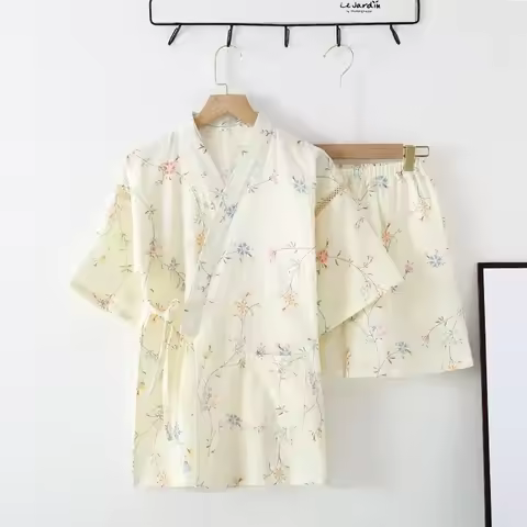 2023 Summer Muslin Pajamas for Women Cardigan V-neck Short-sleeved Shorts 2pcs Sleepwear Floral Swee