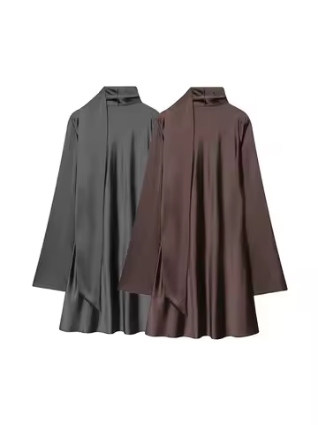 HH Women's French Scarf Decorated V-Neck Mini Dress Silk Satin Texture Light Luxury Elegant High Wai