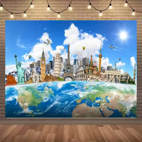 World Map Tapestry Globe Travel Art Decor Collage Global Landmarks Statue Liberty Eiffel Tower Home 