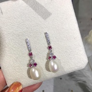 925純銀Mikimoto 紅色鋯石珍珠流蘇耳環