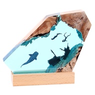 Resin Wood Table Light USB Powered Handmade Deep Sea Diver Cave Shipwreck Shark Whale Ocean Art Desk